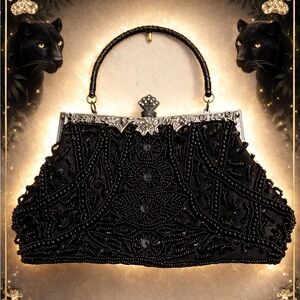 Sparkling Black Beaded Evening Bag with Silver Accents